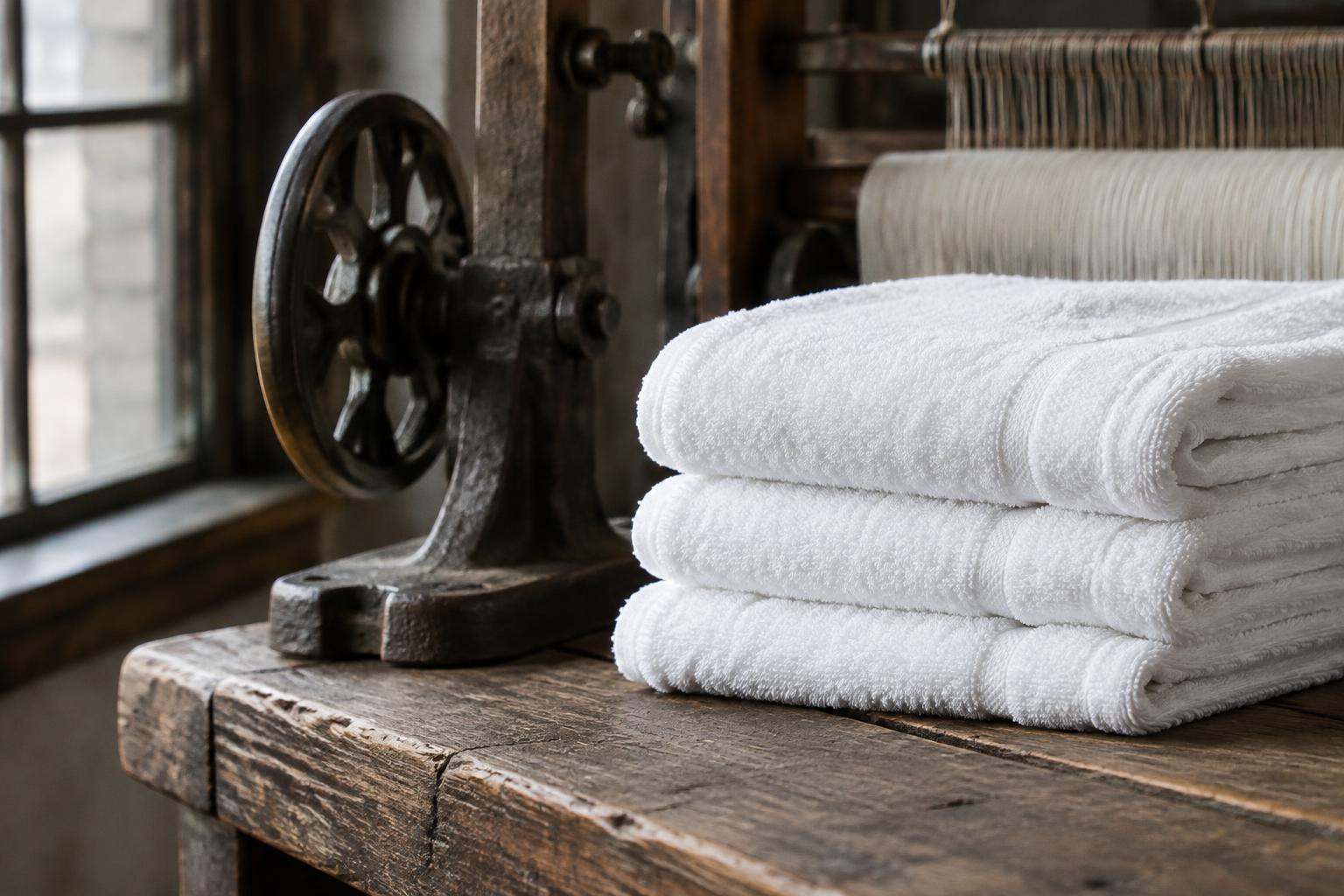 Vintage textile loom with a metal handwheel and folded white towels on a wooden table